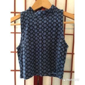 Blue Patterned Cropped High Neck Tank Top